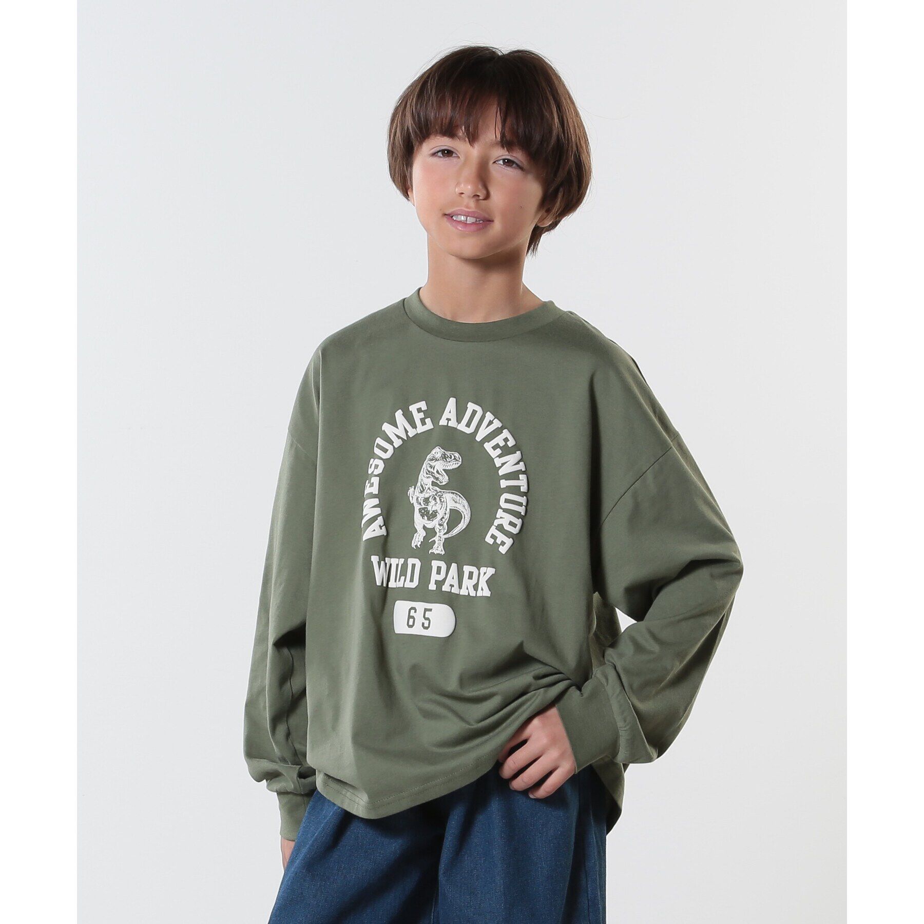 SHOO･LA･RUE「【100-150cm/洗える/兄弟リンク可】BOYSプリントアソートロンT」|Tシャツ・カットソー|オリーブグリーン(0