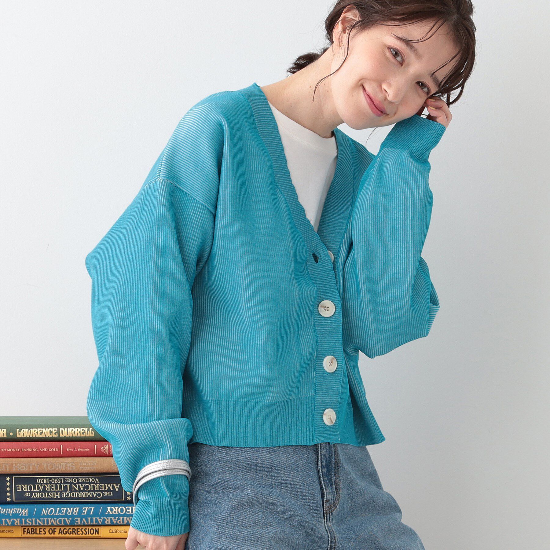 SHOO･LA･RUE「【着丈が選べる】スポンディッシュ配色畦カーディガン」|カーディガン|ブルー(592)