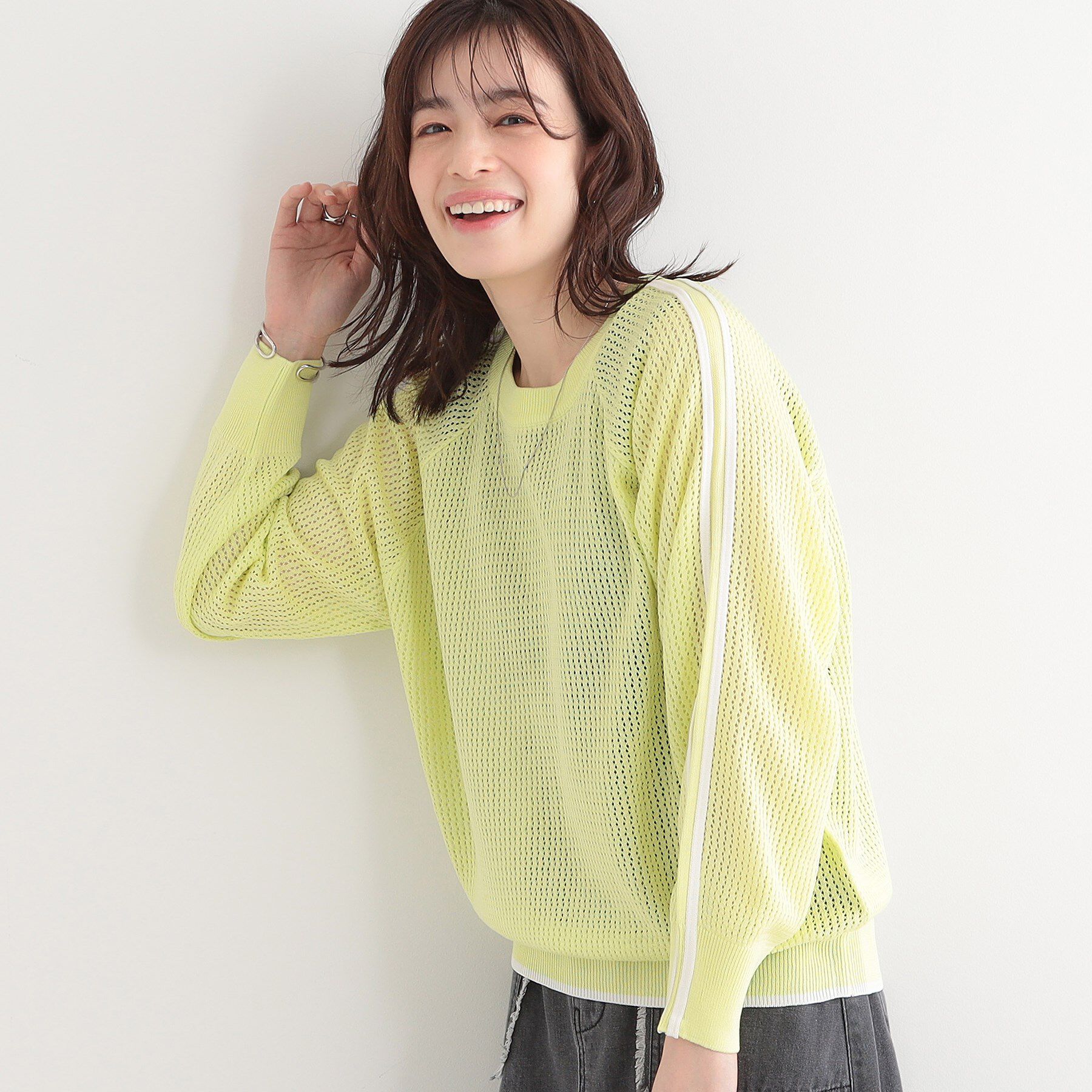 SHOO･LA･RUE「麻タッチメッシュラインニット」|ニット・セーター|ライトイエロー(03