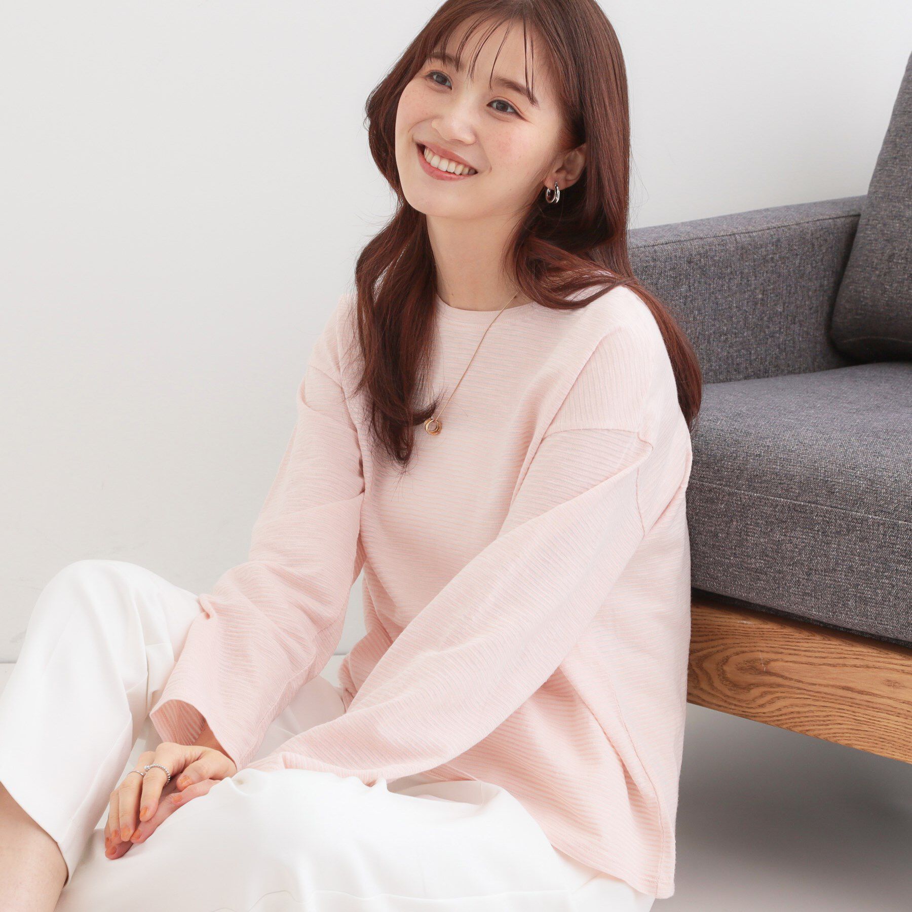 SHOO･LA･RUE「【洗える/S-LL】大人カジュアルに スラブボーダーロンT」|Tシャツ・カットソー|ライトピンク(370