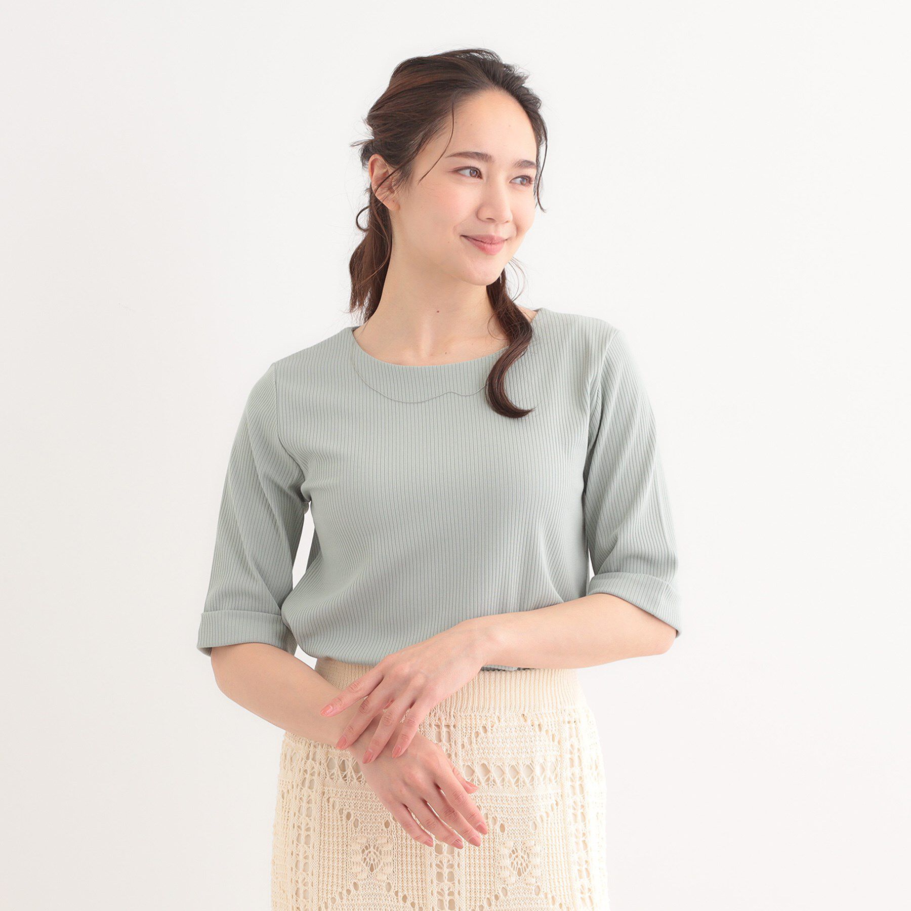 SHOO･LA･RUE「【S-LL】1枚でもインナーでも テレコ5分袖トップス」|Tシャツ・カットソー|