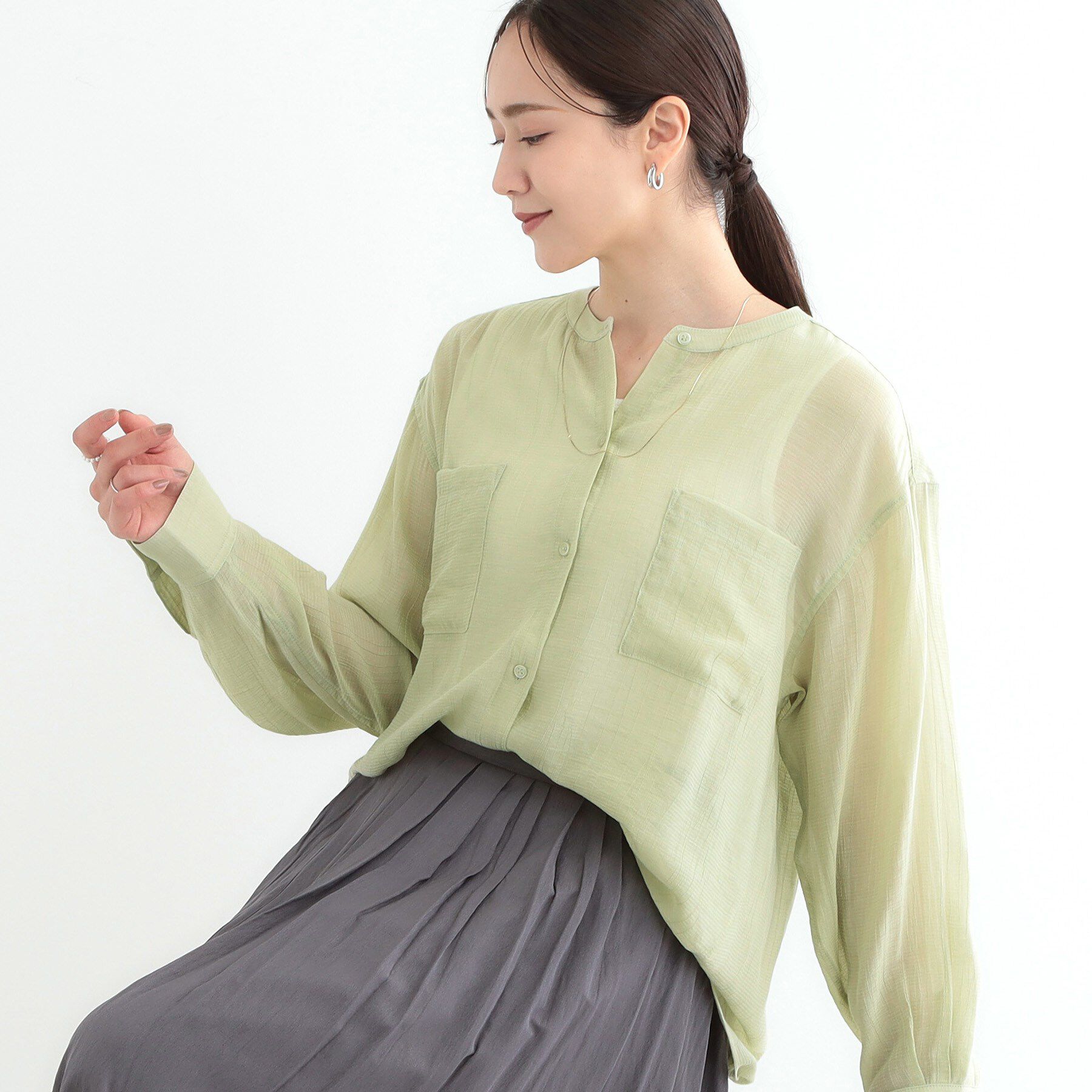 SHOO･LA･RUE「【高レビュー】大人のシアー感 バンドカラーシャツ」|シャツ・ブラウス|ミントグリーン(02