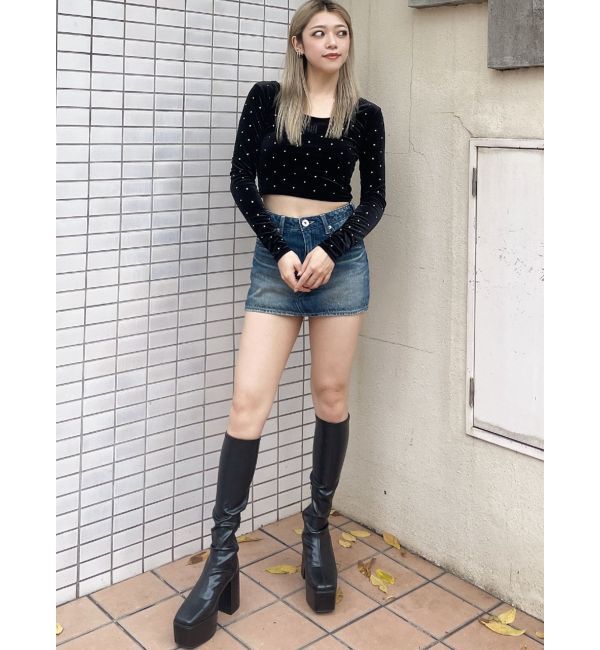 GYDA「GYGY embroideryラインストーンベロアトップス」|Tシャツ・カットソー|