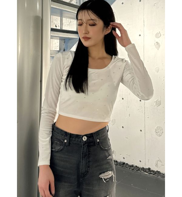 GYDA「GYGY embroideryラインストーンベロアトップス」|Tシャツ・カットソー|