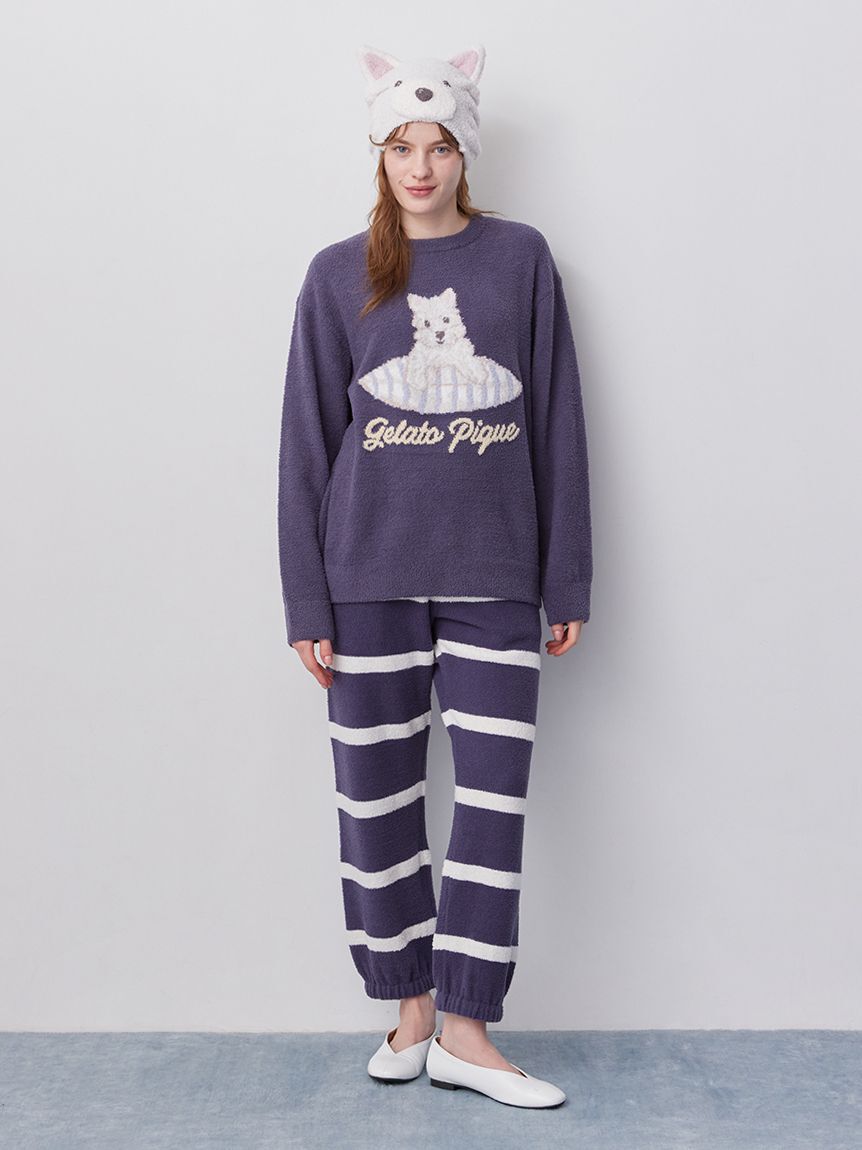 gelato pique「【ONLINE限定】【UNISEX】エアリーモコプレイフルDOGジャガードプルオーバー&ボーダーロングパンツセット」|ルームウェア|