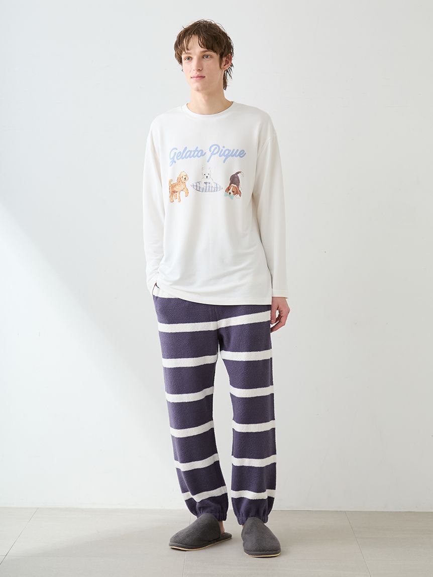 gelato pique「【ONLINE限定】【UNISEX】エアリーモコプレイフルDOGジャガードプルオーバー&ボーダーロングパンツセット」|ルームウェア|