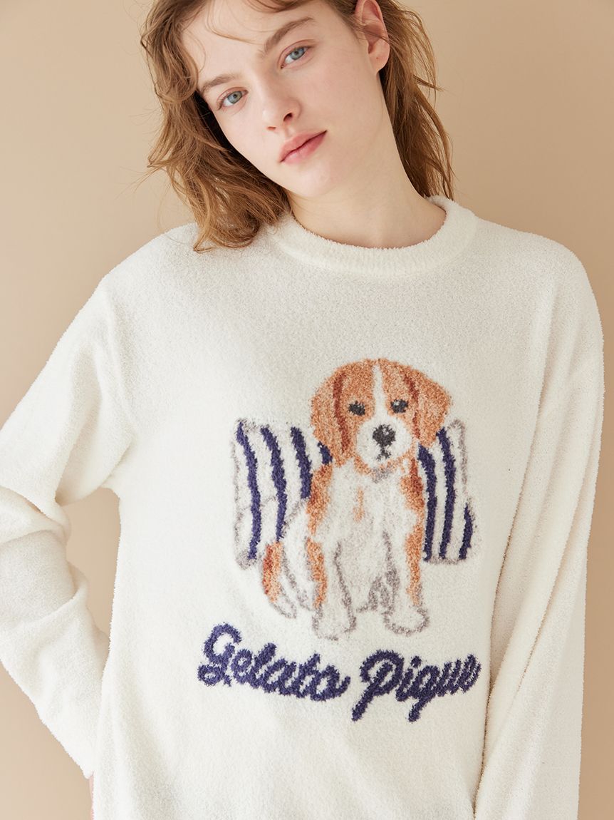 gelato pique「【ONLINE限定】【UNISEX】エアリーモコプレイフルDOGジャガードプルオーバー&ボーダーロングパンツセット」|ルームウェア|