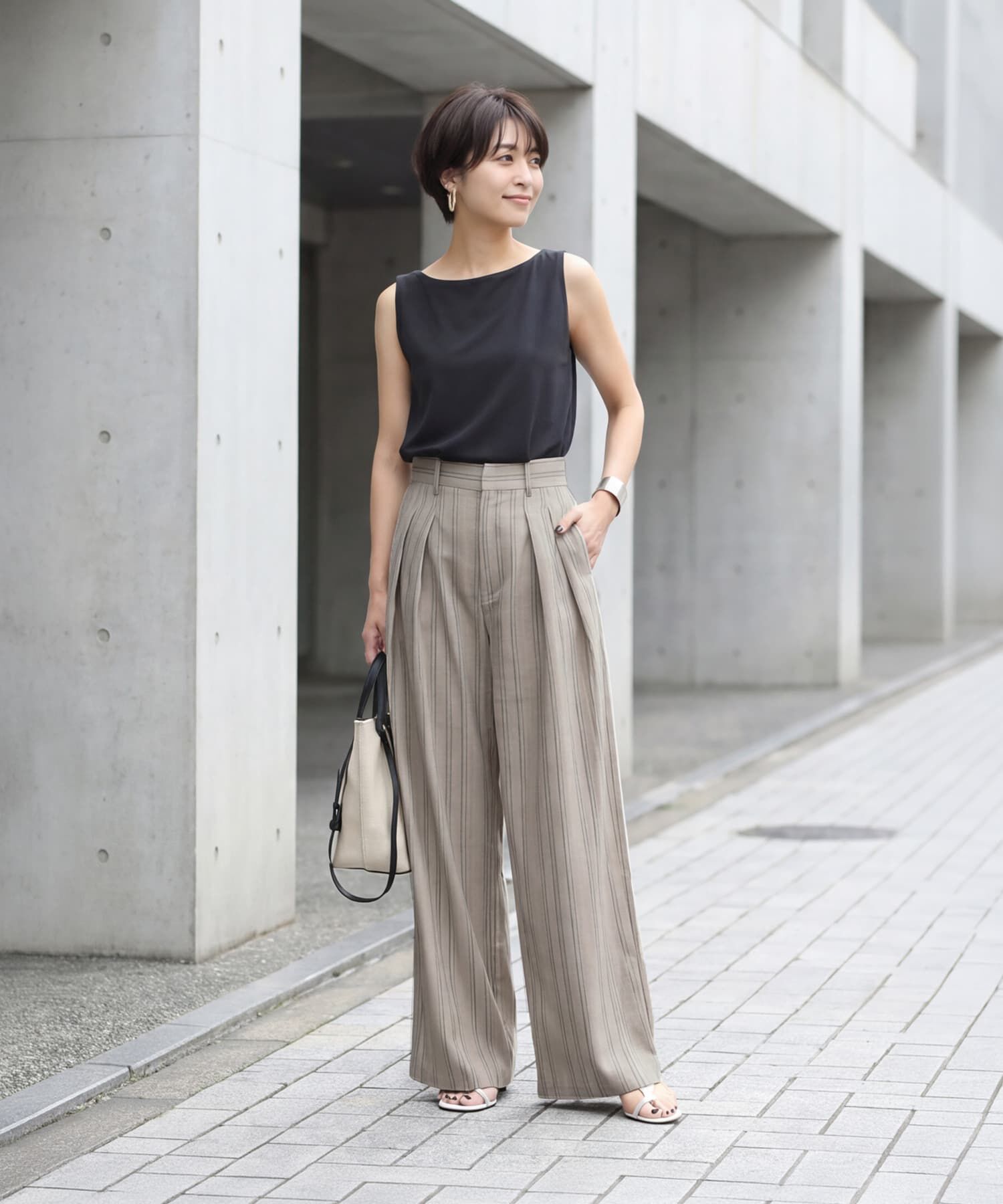 STYLE DELI「麻調ストライプ柄ワイドパンツ」|スラックス|
