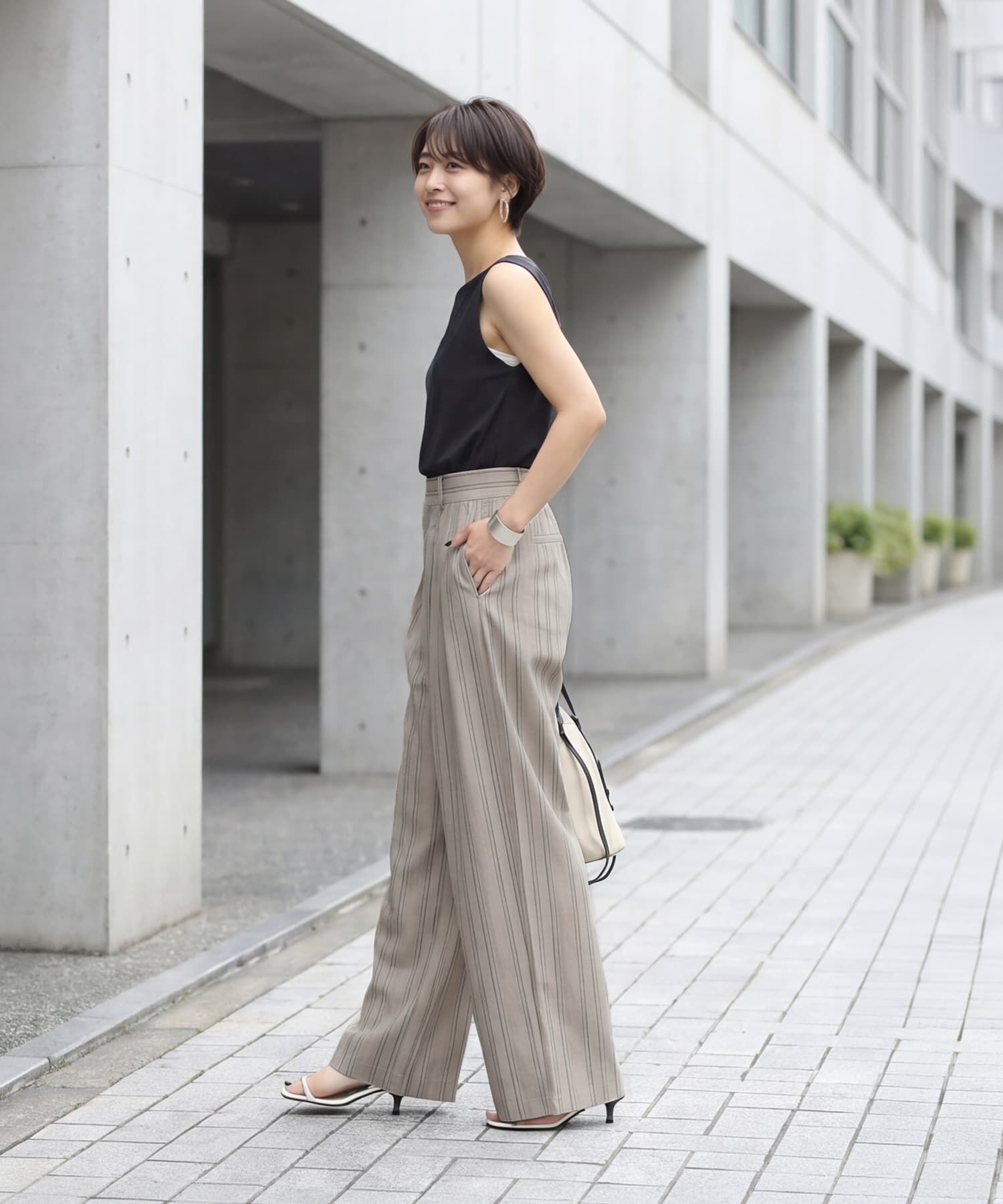 STYLE DELI「麻調ストライプ柄ワイドパンツ」|スラックス|