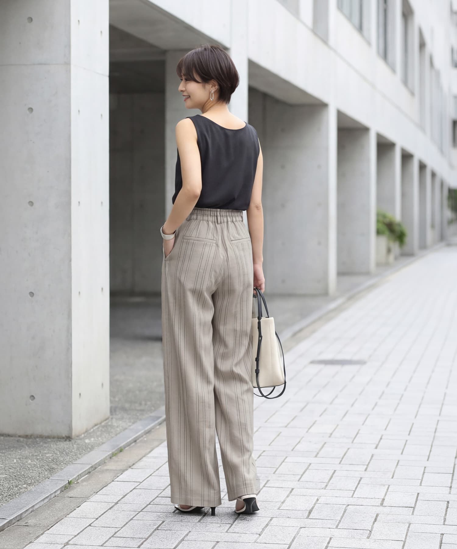 STYLE DELI「麻調ストライプ柄ワイドパンツ」|スラックス|