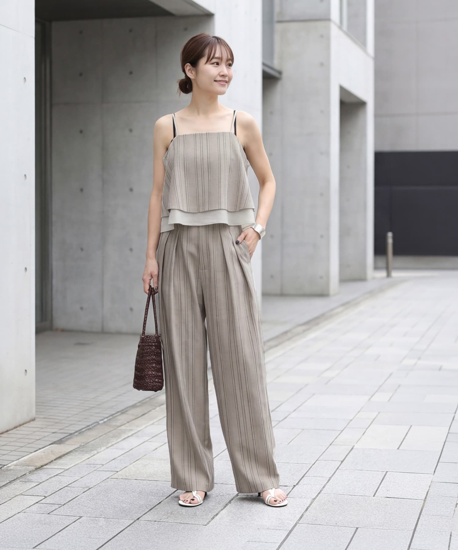STYLE DELI「麻調ストライプ柄ワイドパンツ」|スラックス|