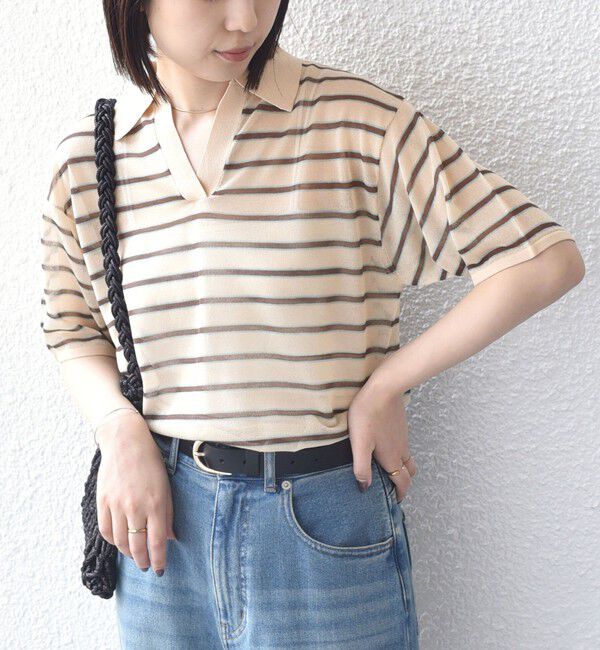 SHIPS Colors 「SHIPS Colors:〈手洗い可能〉シアー ボーダー スキッパー ニット◇」|ニット・セーター|ベージュ