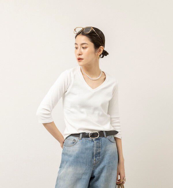 MAQWEL「【MAQWEL/マクウェル】ウォッシャブルCOTTON RIB 7分袖VネックTシャツ」|Tシャツ・カットソー|