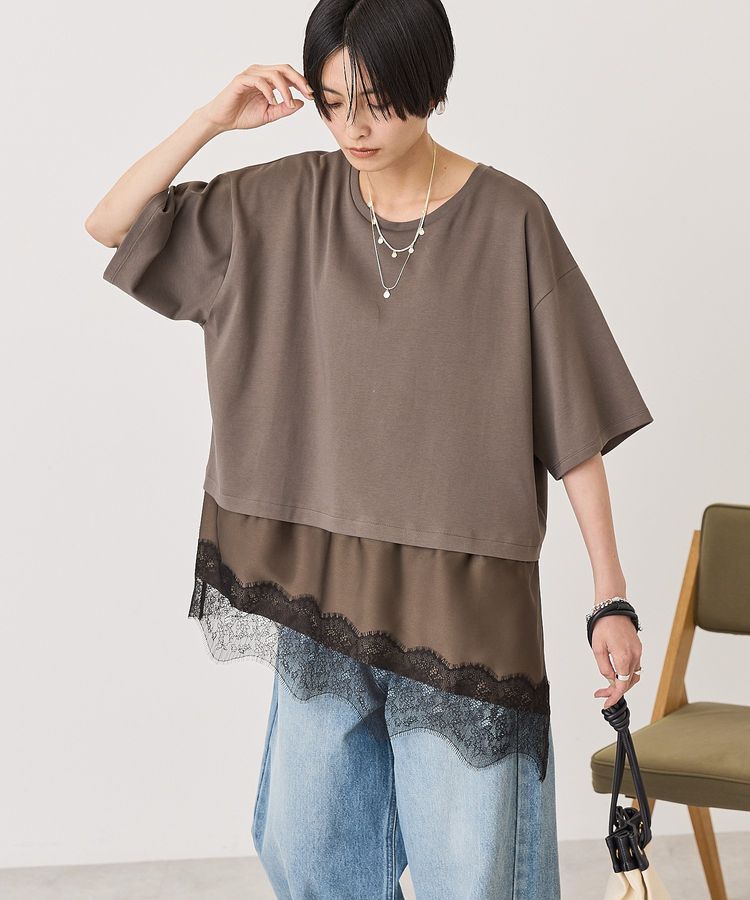 AMERICAN HOLIC「レースドッキングTシャツ」|Tシャツ・カットソー|Charcoal Gray