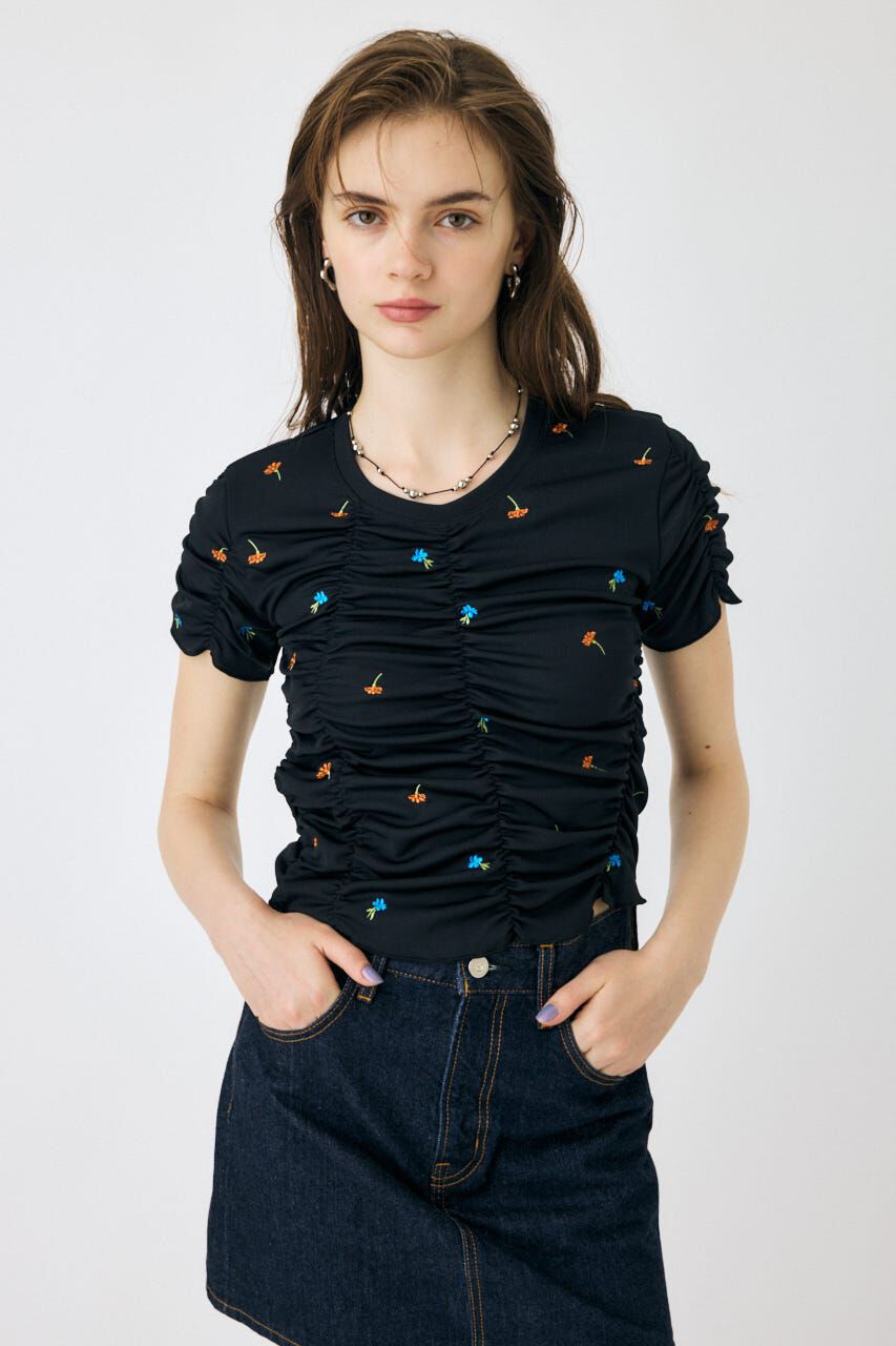 MOUSSY「FLORAL RANDOM ギャザーTシャツ」|Tシャツ・カットソー|BLK