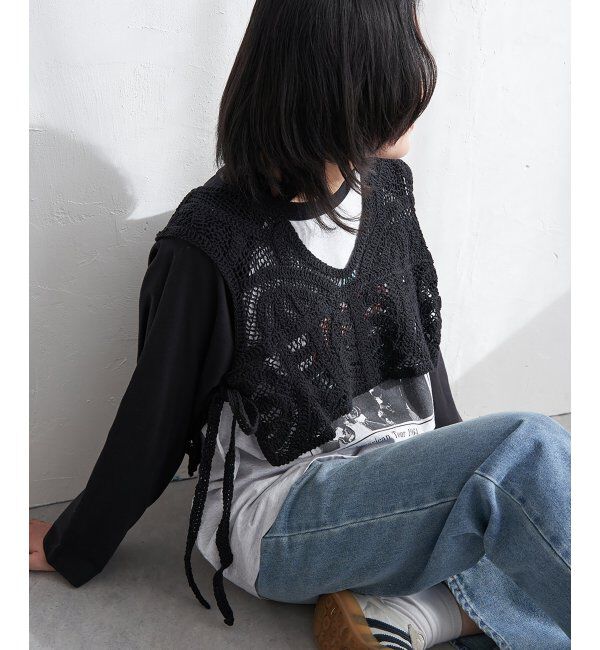 VENCE share style「かぎ編みサイドリボンベスト」|タンクトップ|ブラック