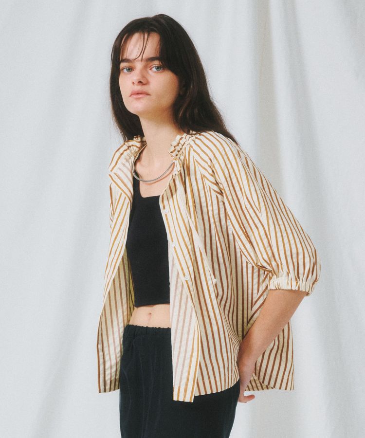 GARAGE OF GOOD CLOTHING「ストライプドロストギャザーブラウス」|シャツ・ブラウス|