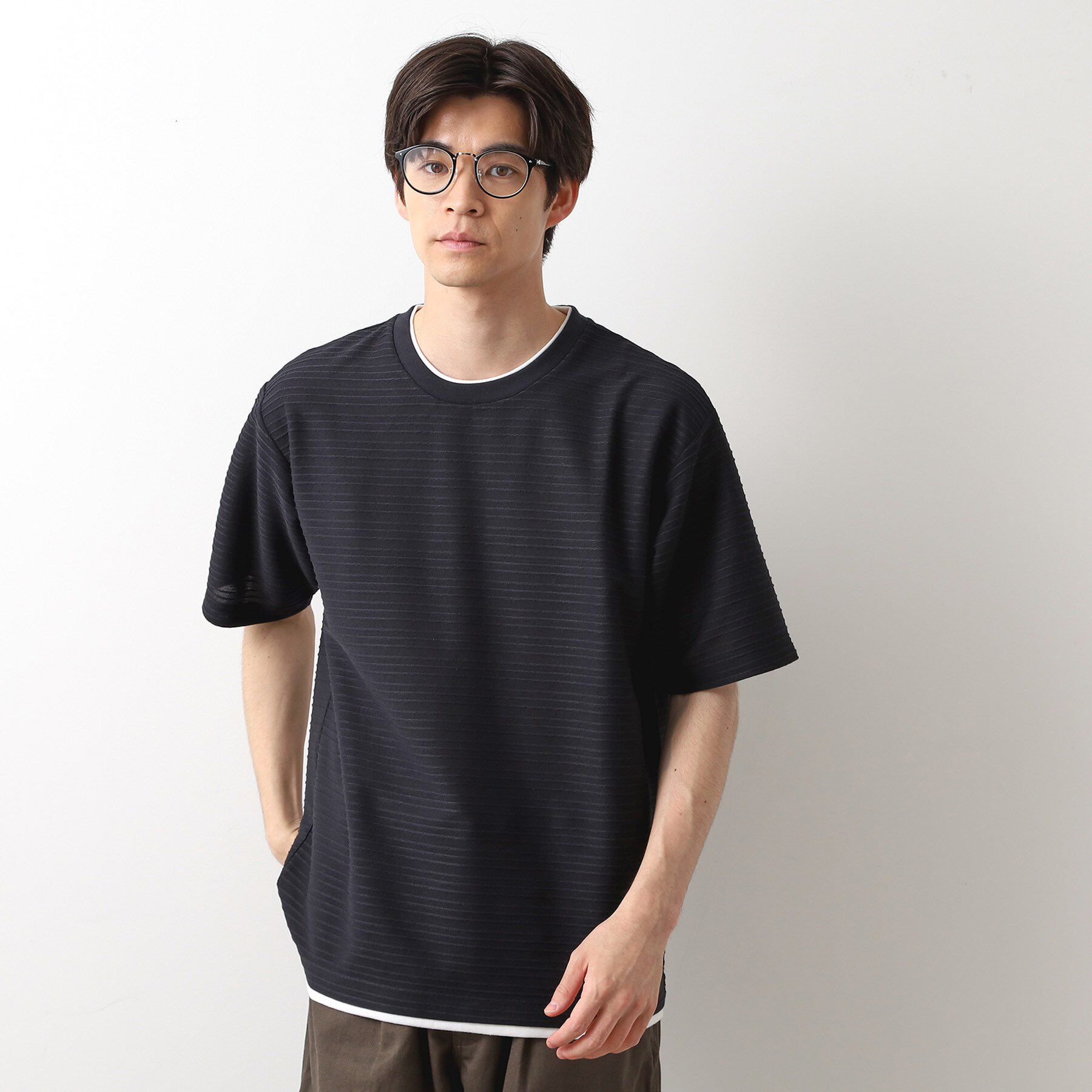 THE SHOP TK「タックジャガードフェイクレイヤードTシャツ　吸水速乾/洗濯機OK」|Tシャツ・カットソー|ブラック(019)