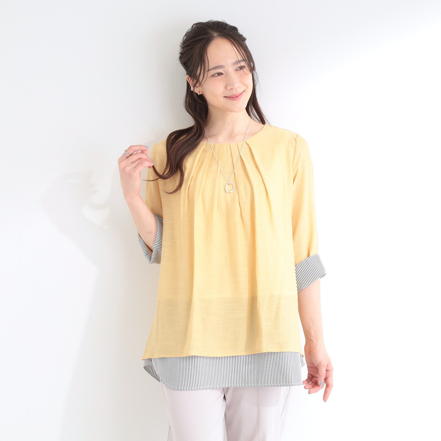 SHOO･LA･RUE「【洗濯機可/体型カバー】1枚でサマ見え 7分袖スラブレイヤード風トップス」|Tシャツ・カットソー|