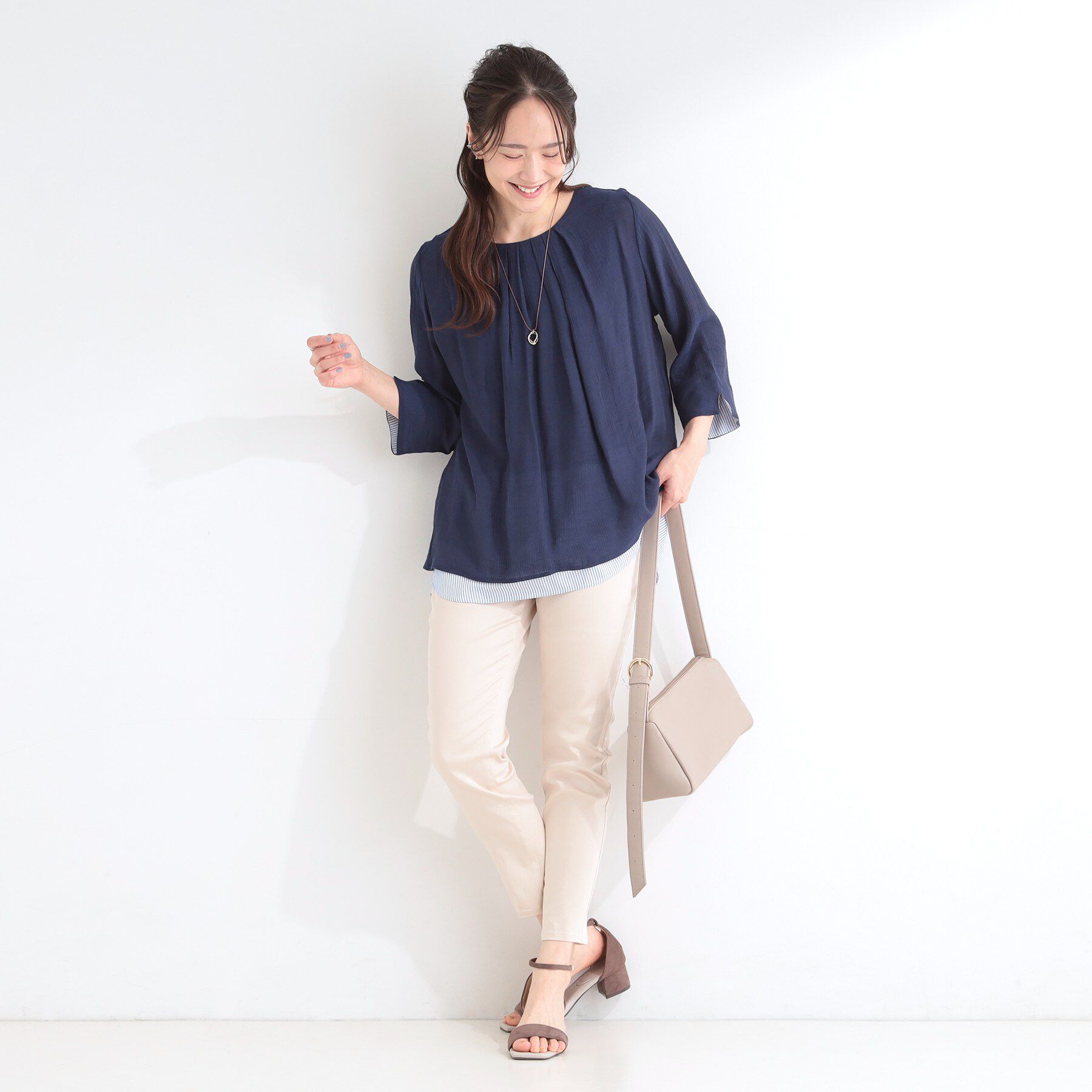 SHOO･LA･RUE「【洗濯機可/体型カバー】1枚でサマ見え 7分袖スラブレイヤード風トップス」|Tシャツ・カットソー|