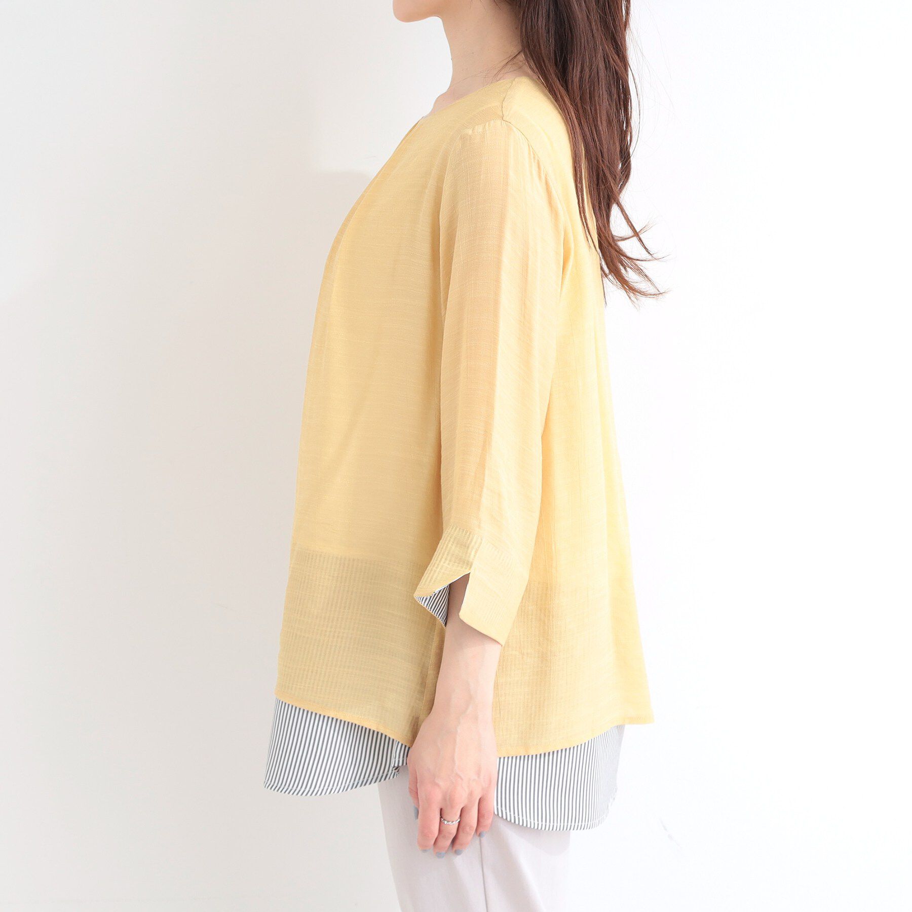 SHOO･LA･RUE「【洗濯機可/体型カバー】1枚でサマ見え 7分袖スラブレイヤード風トップス」|Tシャツ・カットソー|