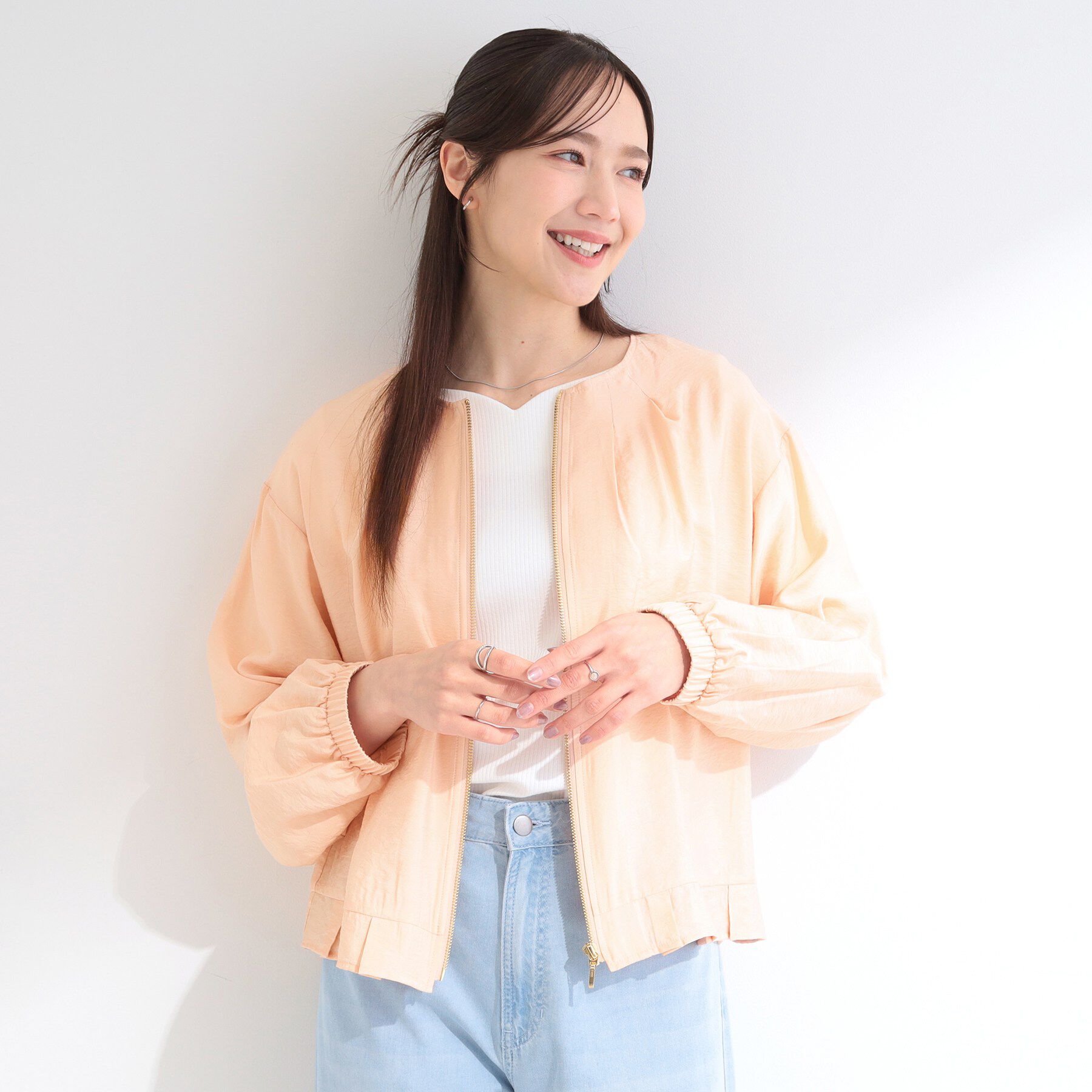 SHOO･LA･RUE「【洗濯機可/UV/S-LL】程よい透け感 ノーカラーシアーブルゾン」|ブルゾン・スタジャン|
