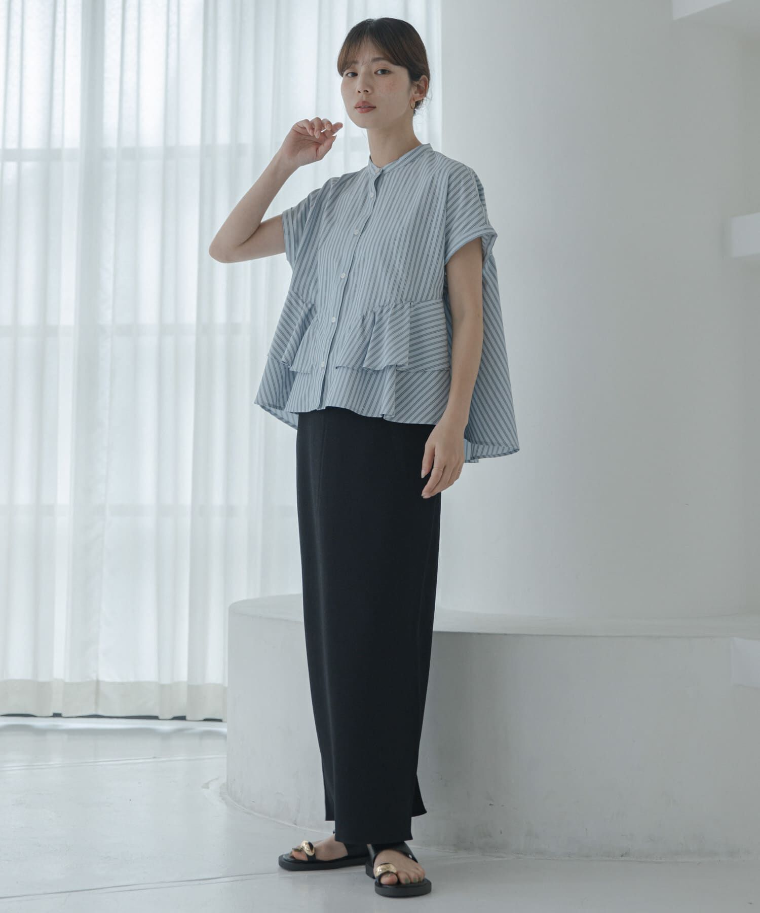 WEB限定』バンドカラーフリルストライプ半袖シャツ（Sonny Label
