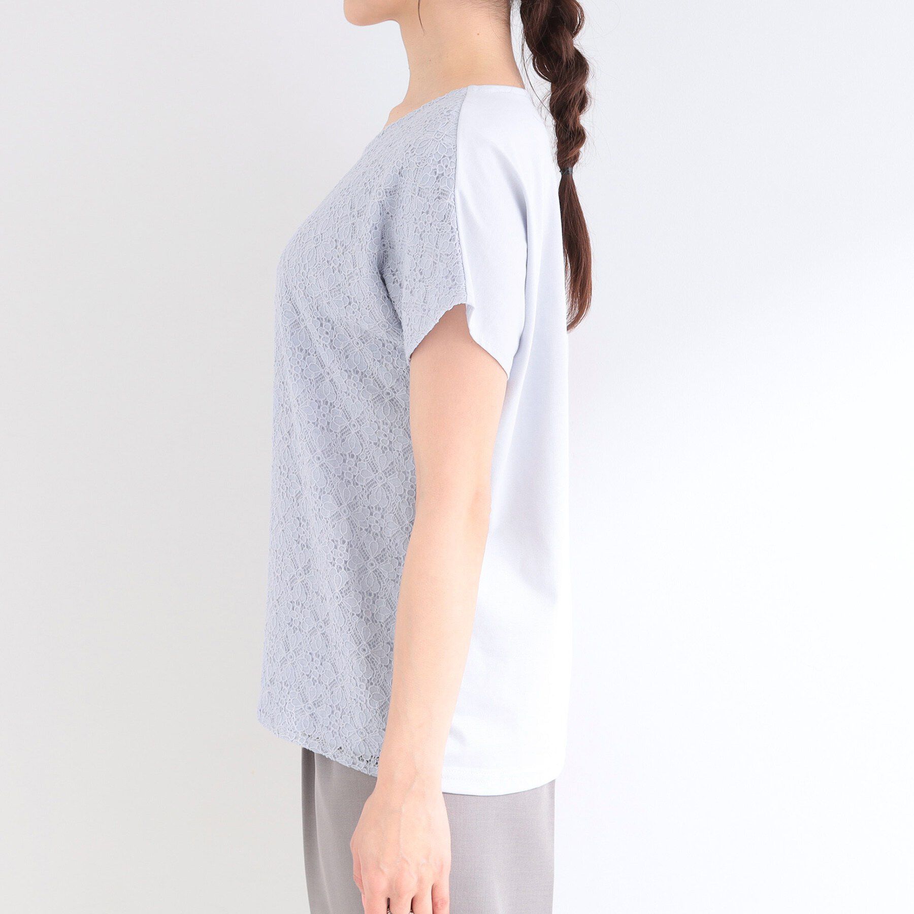 SHOO･LA･RUE「【ひんやり/UV/S-LL】1枚で華やか 前後切り替えレースTシャツ」|Tシャツ・カットソー|