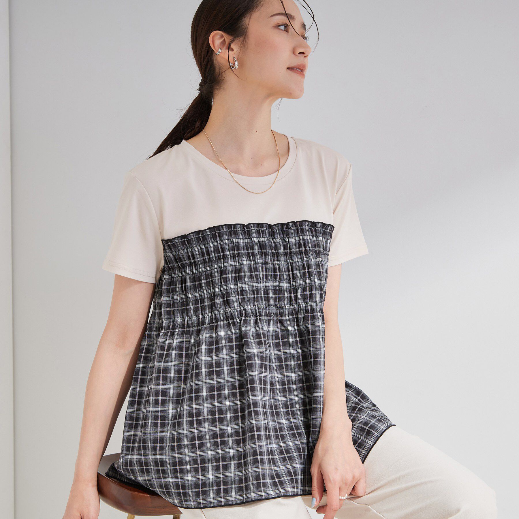SHOO･LA･RUE「【S-LL/洗濯機可】着るだけサマ見え 柄アソートビスチェ風ドッキングTシャツ」|Tシャツ・カットソー|ブラック(219)