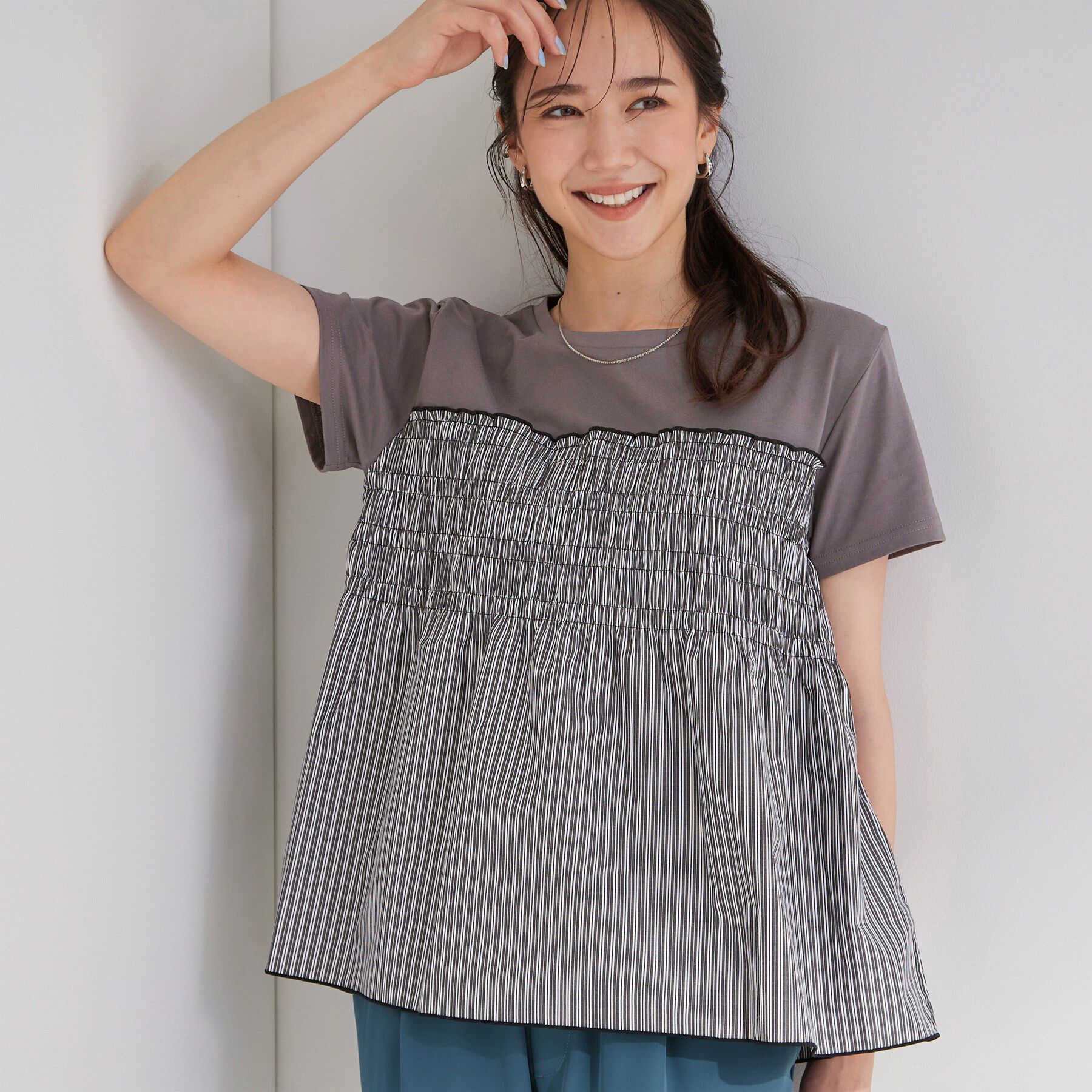 SHOO･LA･RUE「【S-LL/洗濯機可】着るだけサマ見え 柄アソートビスチェ風ドッキングTシャツ」|Tシャツ・カットソー|ブラック(319)