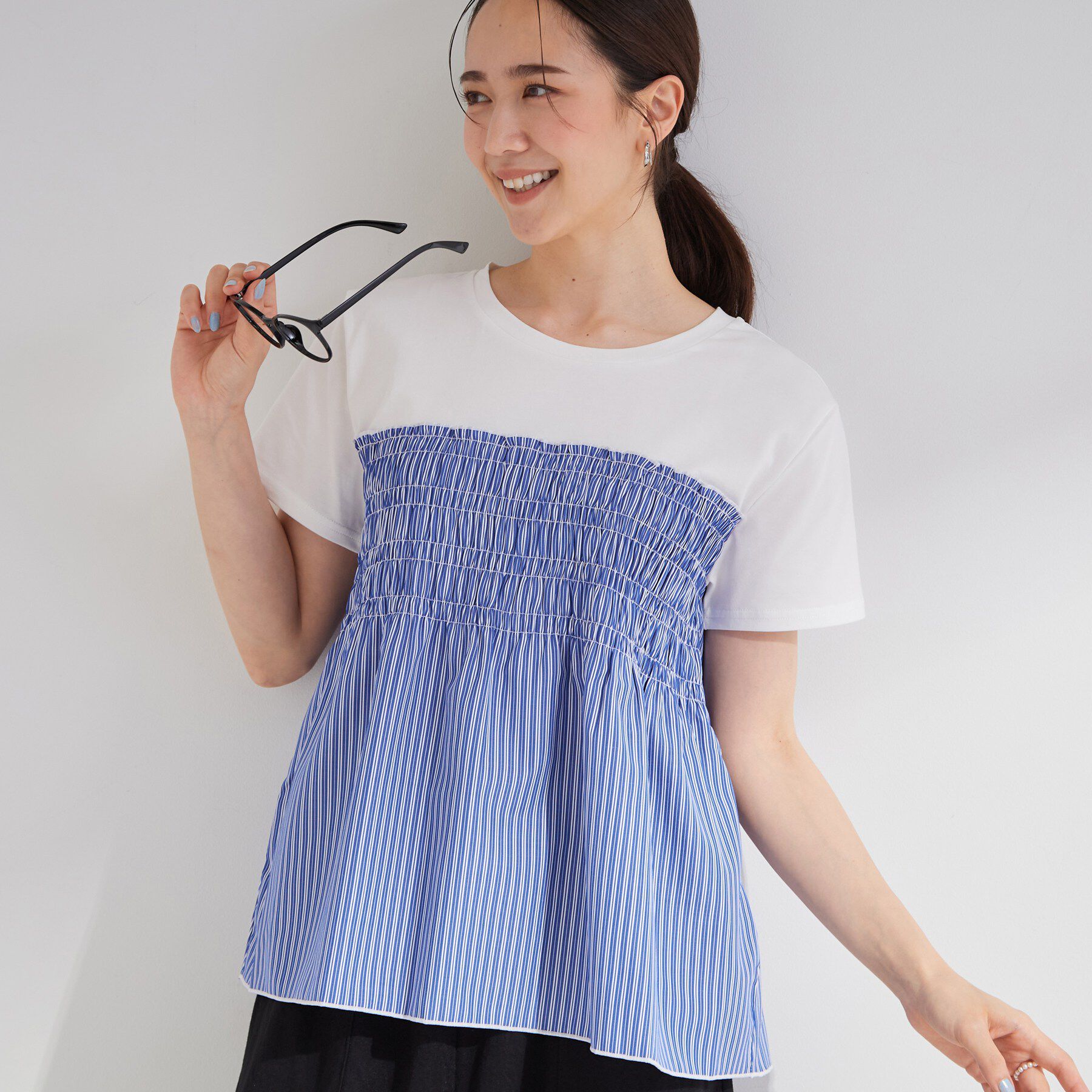 SHOO･LA･RUE「【S-LL/洗濯機可】着るだけサマ見え 柄アソートビスチェ風ドッキングTシャツ」|Tシャツ・カットソー|ブルー(392)