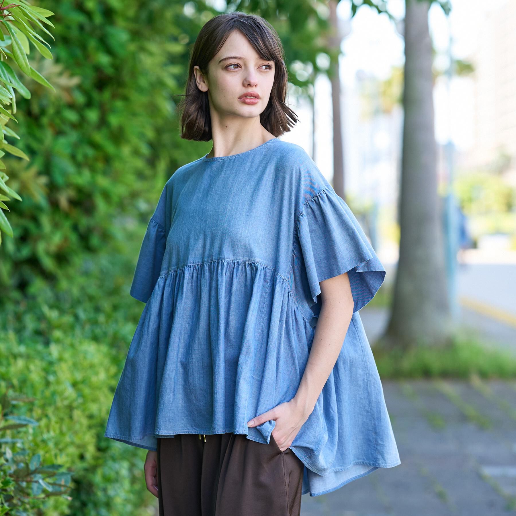 DRESSTERIOR「【夏デニム】シアーデニムAラインブラウス」|シャツ・ブラウス|