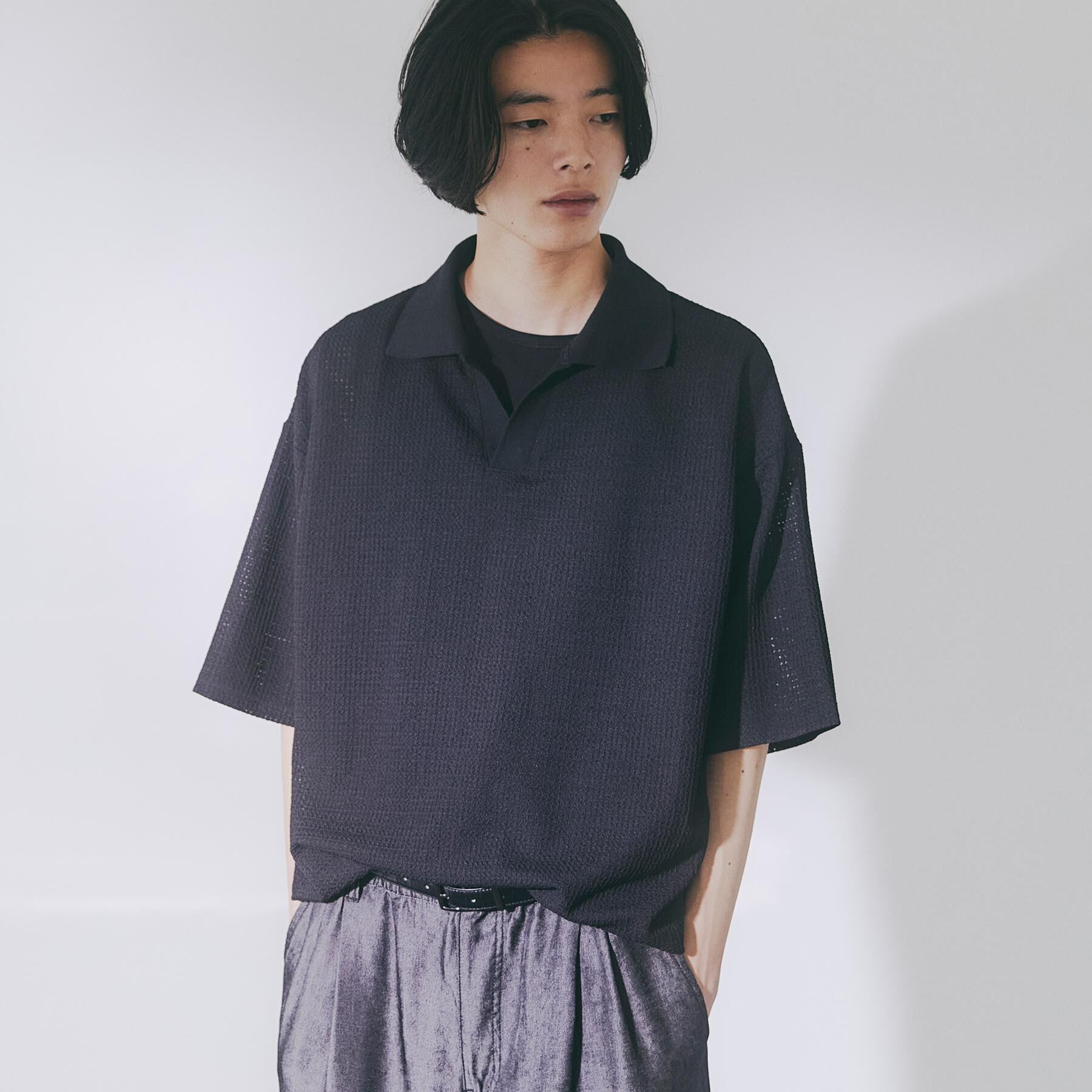 tk.TAKEO KIKUCHI「【ソフトタッチ】ルーズスキッパーポロシャツ/ソフト肌触り/オーバーサイズ/ルーズ/ドロップショルダー」|Tシャツ・カットソー|