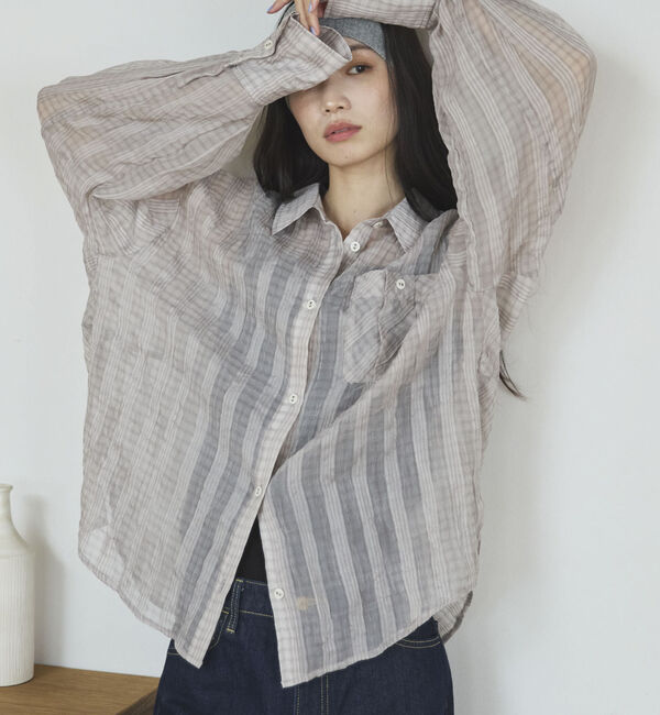 Doux archives「チェックシアーボリュームスリーブシャツ」|シャツ・ブラウス|BEIGE