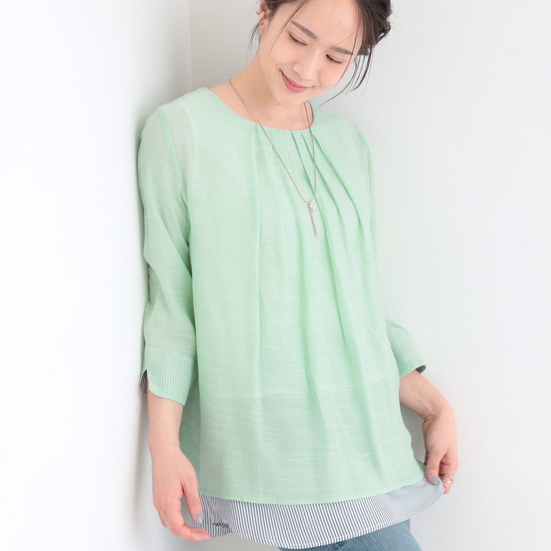 SHOO･LA･RUE「【洗濯機可/体型カバー】1枚でサマ見え 7分袖スラブレイヤード風トップス」|Tシャツ・カットソー|ミントグリーン(02