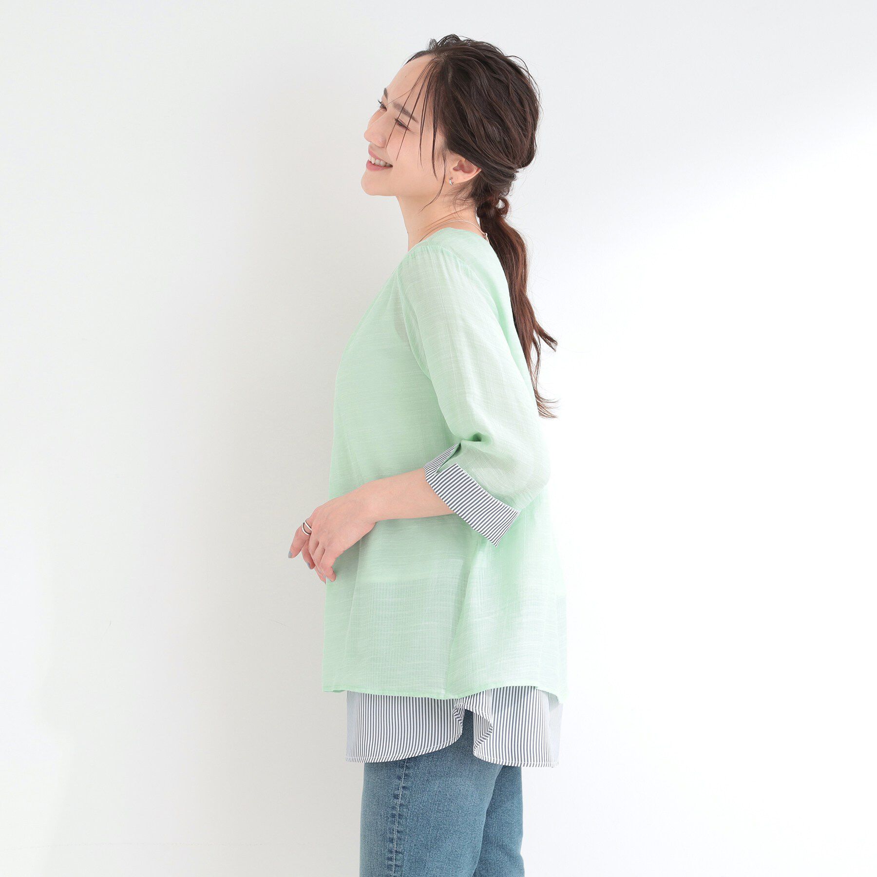 SHOO･LA･RUE「【洗濯機可/体型カバー】1枚でサマ見え 7分袖スラブレイヤード風トップス」|Tシャツ・カットソー|