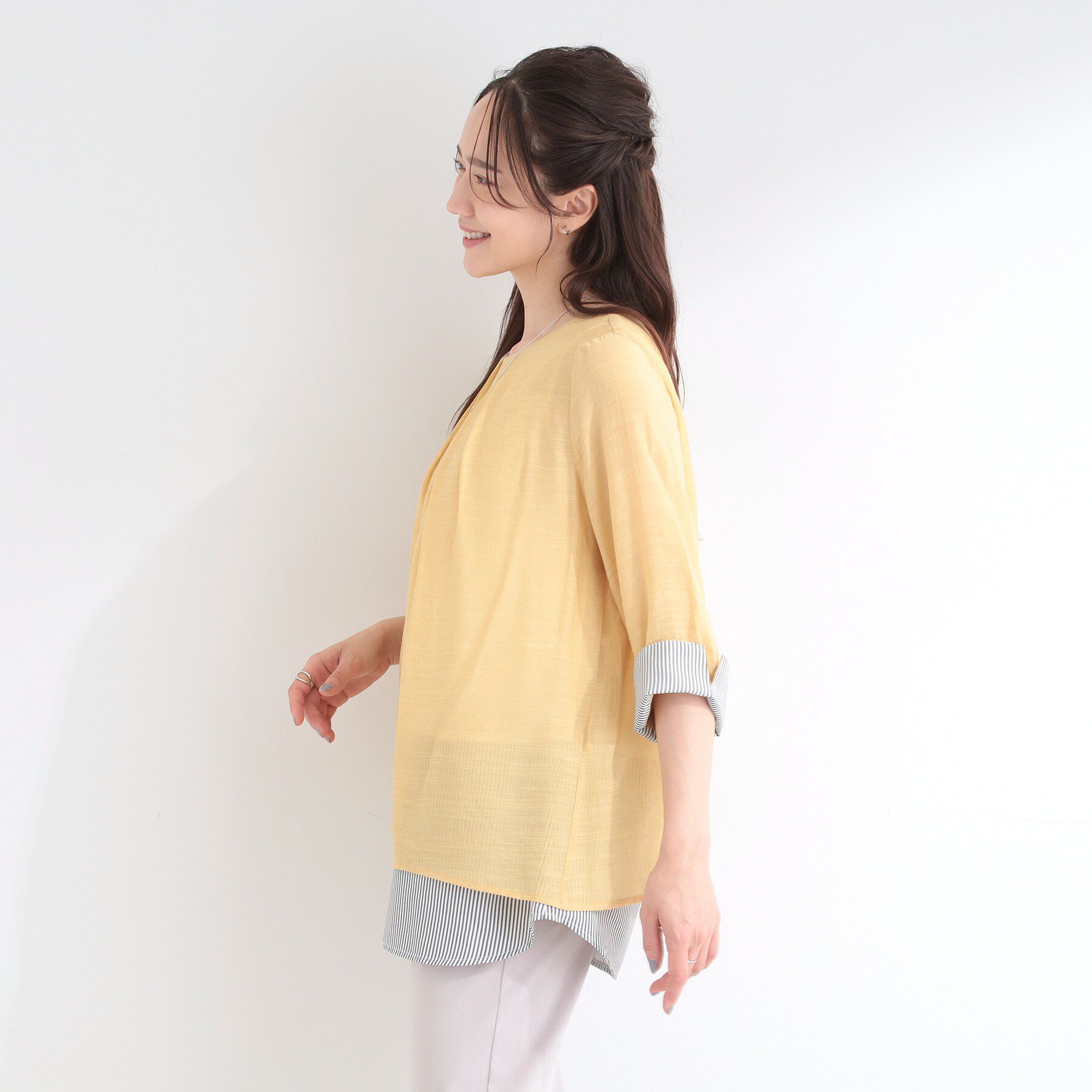 SHOO･LA･RUE「【洗濯機可/体型カバー】1枚でサマ見え 7分袖スラブレイヤード風トップス」|Tシャツ・カットソー|