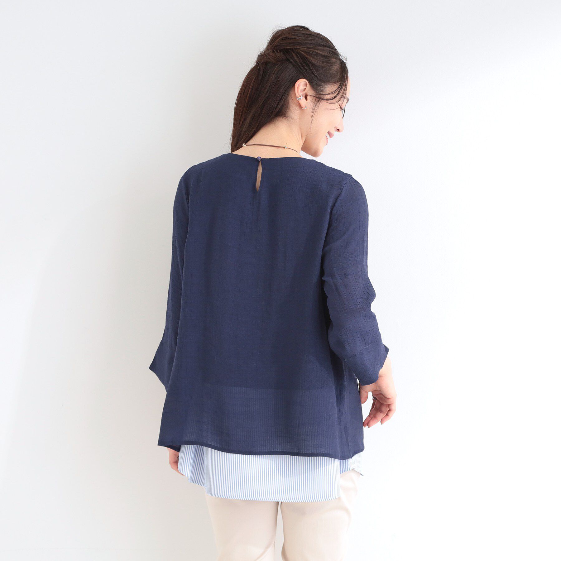 SHOO･LA･RUE「【洗濯機可/体型カバー】1枚でサマ見え 7分袖スラブレイヤード風トップス」|Tシャツ・カットソー|