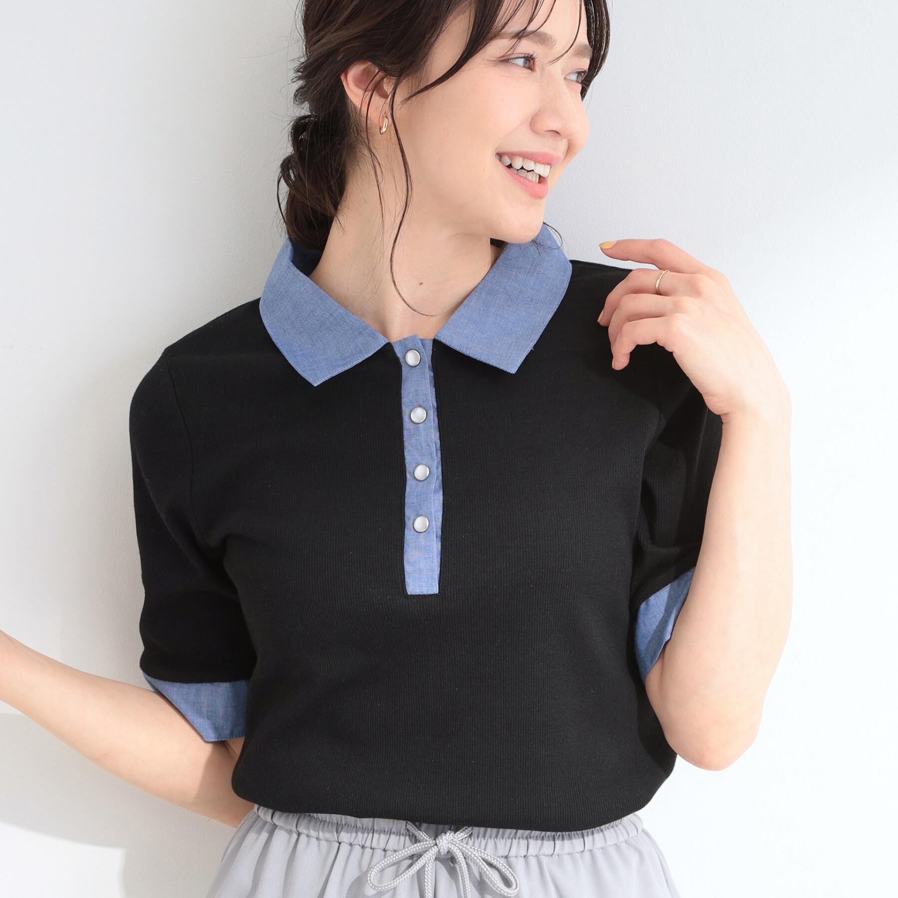 SHOO･LA･RUE「【洗濯機可/S-LL】シャツレイヤード風 テレコポロトップス」|Tシャツ・カットソー|ブラック(019)