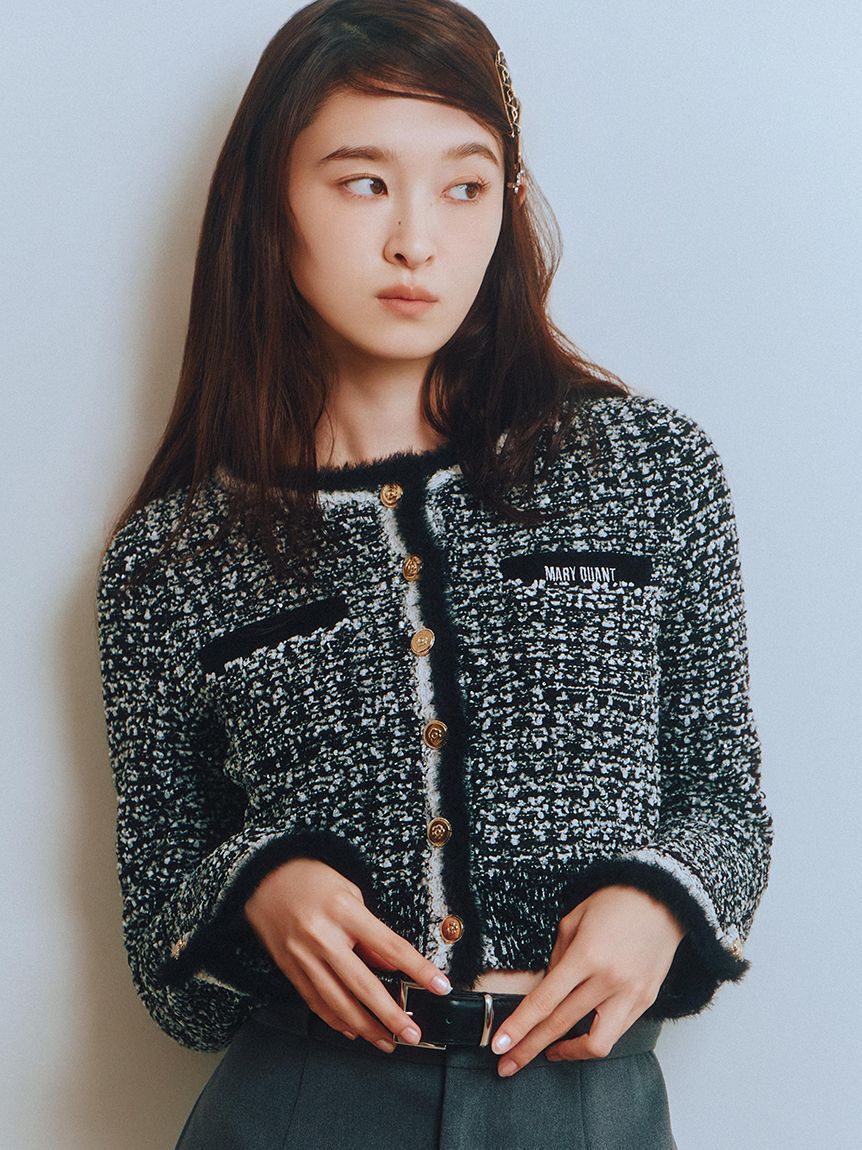 LILY BROWN「【LILY BROWN&times;MARY QUANT】デイジー釦ツイードニットジャケット」|ノーカラージャケット|BLK