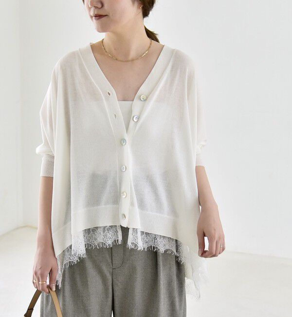 quaranciel「《予約》quaranciel:〈手洗い可能〉レース ヘム Vネック ポンチョ ニット カーディガン」|カーディガン|