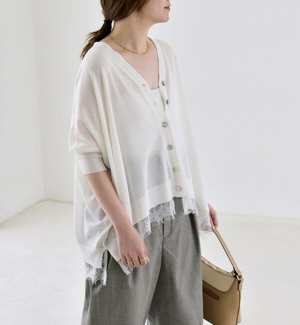quaranciel「《予約》quaranciel:〈手洗い可能〉レース ヘム Vネック ポンチョ ニット カーディガン」|カーディガン|