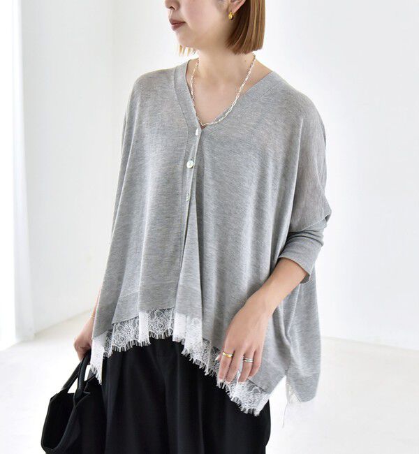 quaranciel「《予約》quaranciel:〈手洗い可能〉レース ヘム Vネック ポンチョ ニット カーディガン」|カーディガン|