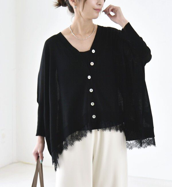 quaranciel「《予約》quaranciel:〈手洗い可能〉レース ヘム Vネック ポンチョ ニット カーディガン」|カーディガン|ブラック