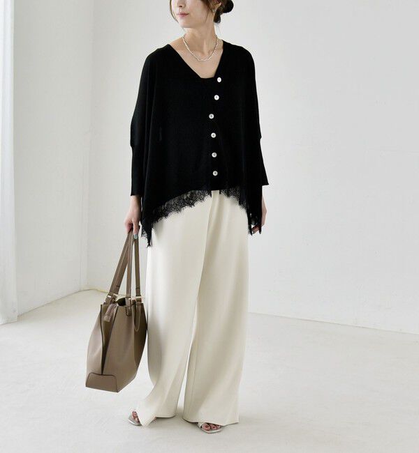 quaranciel「《予約》quaranciel:〈手洗い可能〉レース ヘム Vネック ポンチョ ニット カーディガン」|カーディガン|