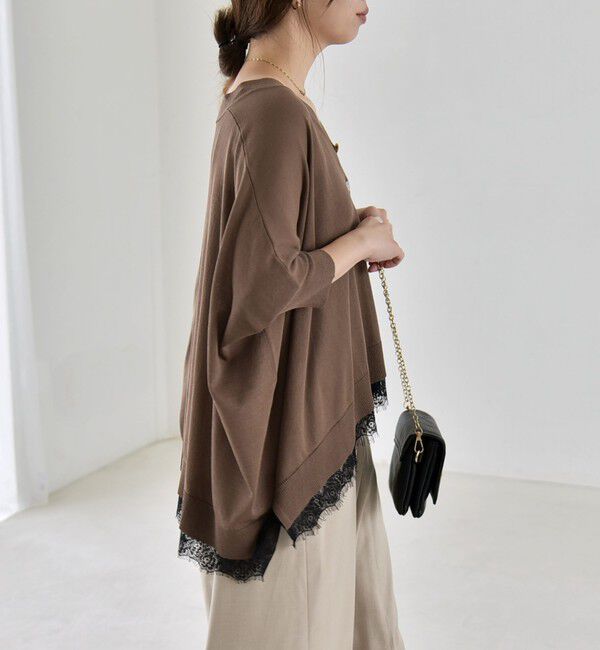 quaranciel「《予約》quaranciel:〈手洗い可能〉レース ヘム Vネック ポンチョ ニット カーディガン」|カーディガン|