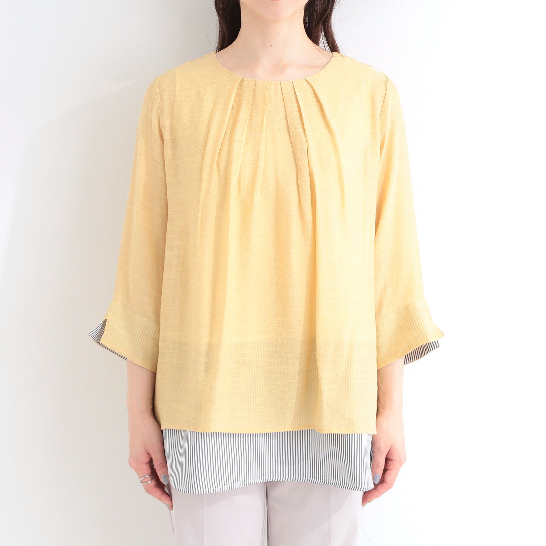 SHOO･LA･RUE「【洗濯機可/体型カバー】1枚でサマ見え 7分袖スラブレイヤード風トップス」|Tシャツ・カットソー|