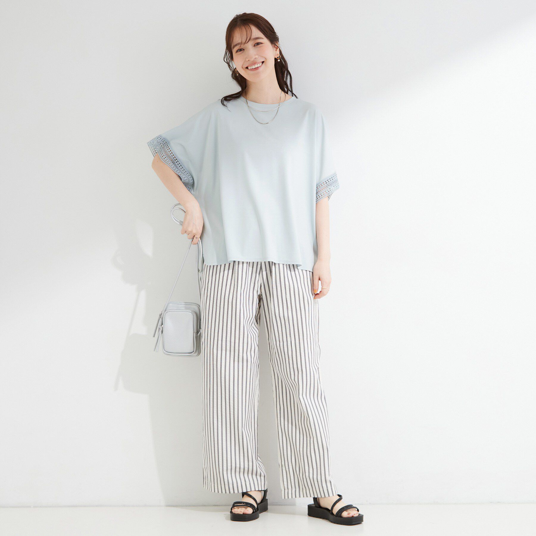 SHOO･LA･RUE「【ひんやり/UV】お袖レースが上品 ゆったりとろみトップス」|Tシャツ・カットソー|