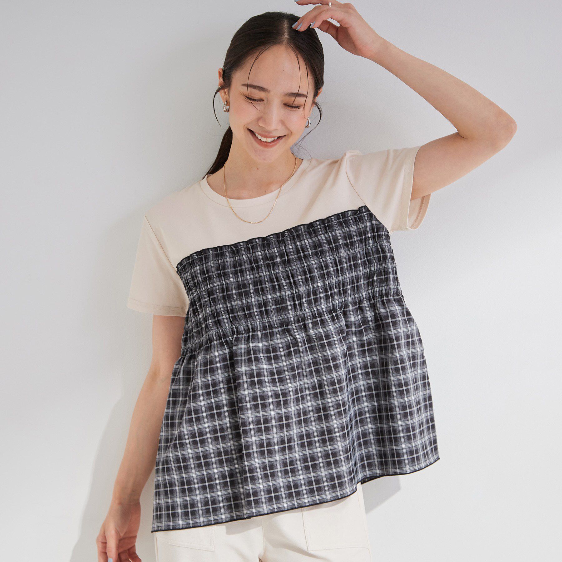 SHOO･LA･RUE「【S-LL/洗濯機可】着るだけサマ見え 柄アソートビスチェ風ドッキングTシャツ」|Tシャツ・カットソー|