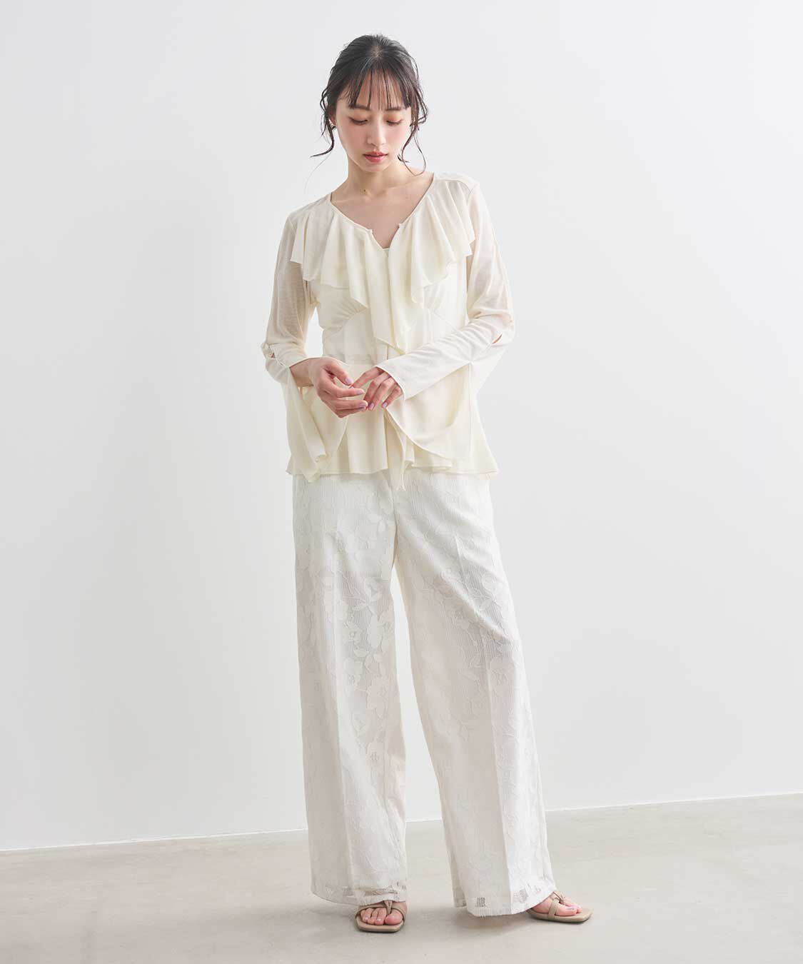 COCO DEAL「ハイウエストレースワイドパンツ」|スラックス|
